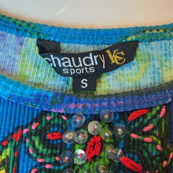 CHAUDRY ART TOP IN VIBRANT BLUES, GREENS, PINKS & YELLOW - SEQUIN DESIGNS -SMALL - Picture 13 of 13
